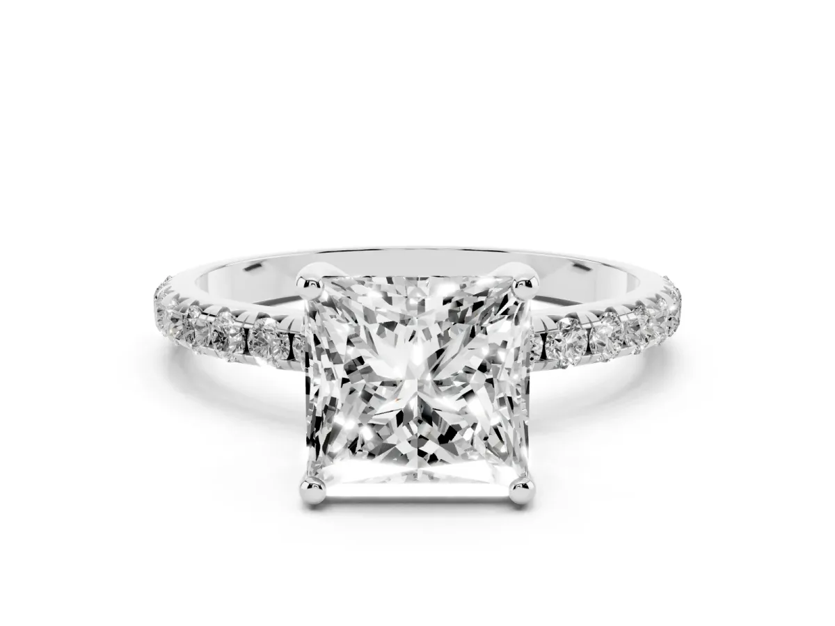 Princess Cut Cut Diamond Solitaire Ring with Micro Pave Band and Four Prong Setting Silver