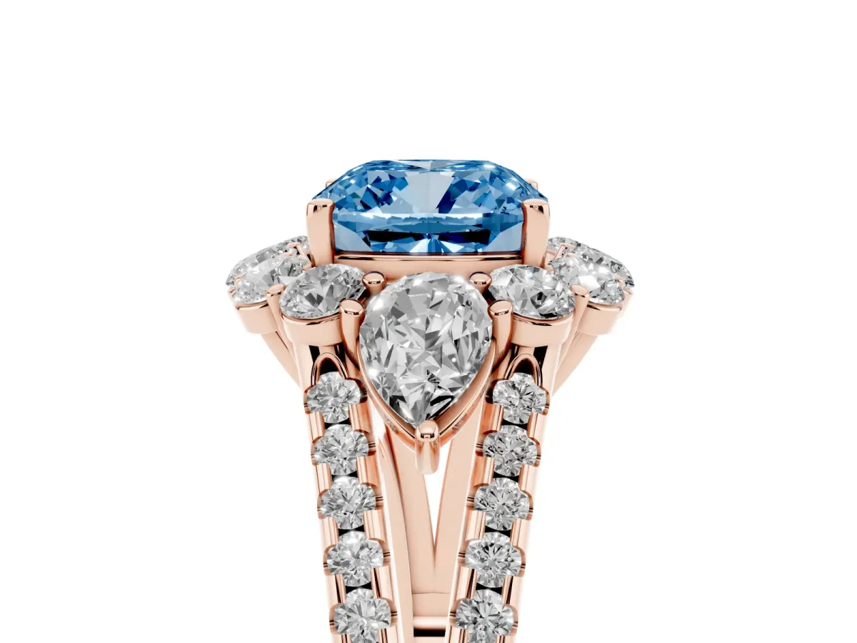 Fancy Blue Cushion Cut Halo Split Shank Diamond Engagement Ring with Prong Setting Rose gold