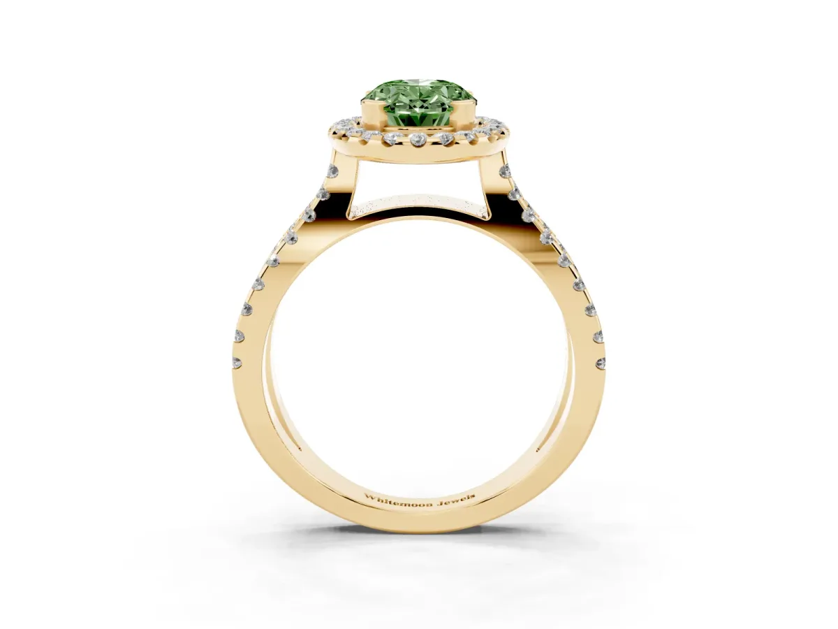 Fancy Green Oval Cut Diamond Halo Ring with Split Shank Pavé Band and Prong Setting Yellow gold