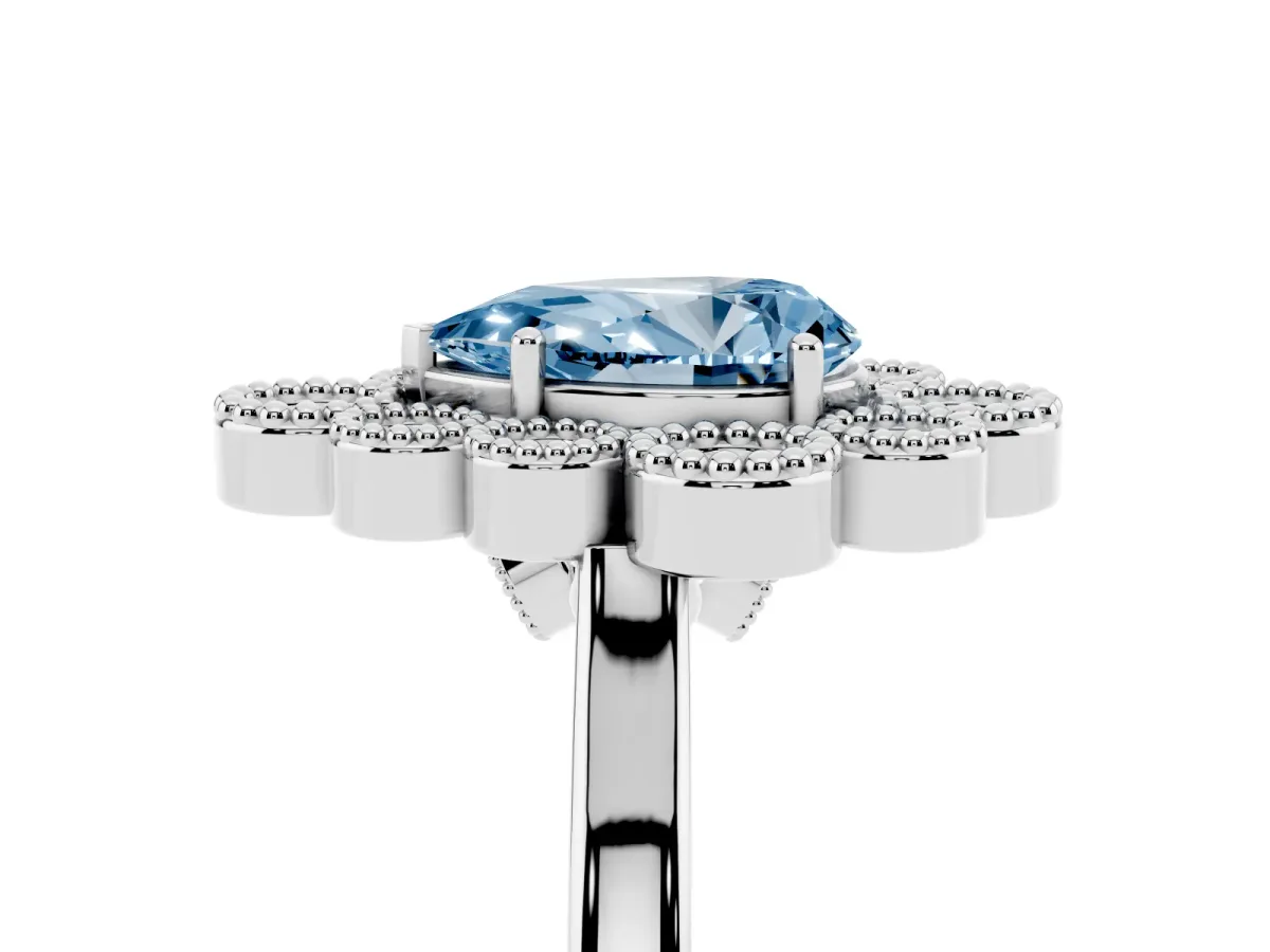 Fancy Blue Pear Cut Halo Diamond Cluster Engagement Ring with Milgrain Bezel Setting and Solitaire Band Platinum