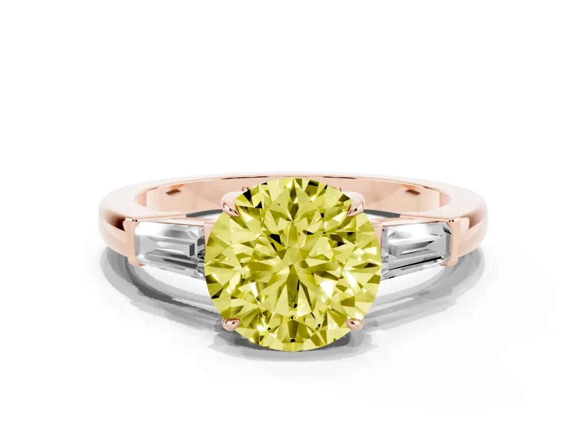 Fancy Yellow Round Cut Diamond Three-Stone Ring with Tapered Baguette Side Stones and Prong Setting Rose gold