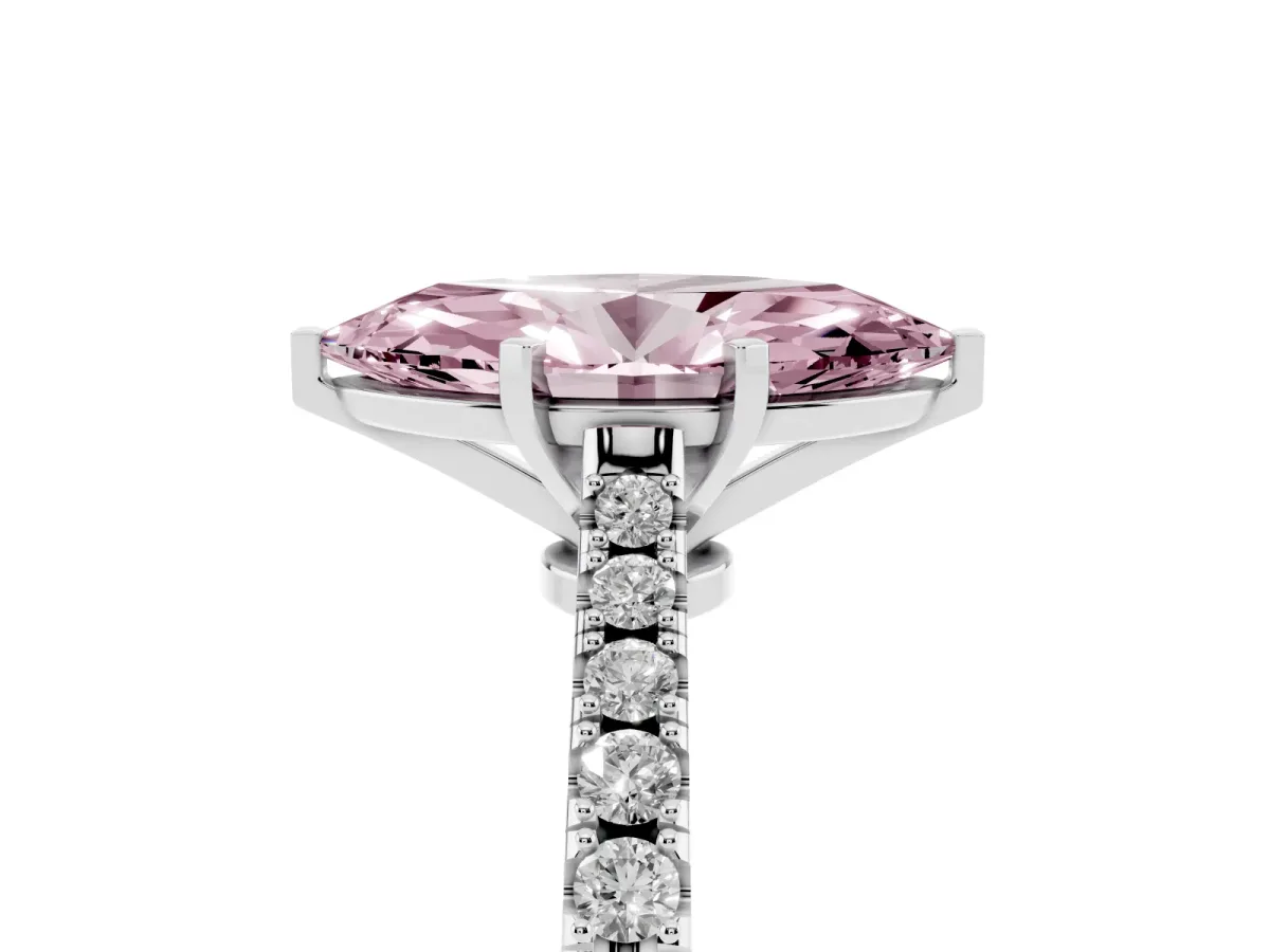 Fancy Pink Marquise Cut Cut Solitaire Diamond Engagement Ring with Pave Band and Four-Prong Setting Platinum