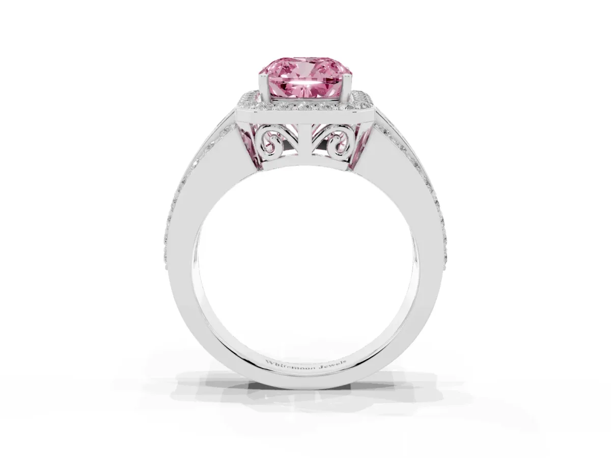 Fancy Pink Cushion Cut Halo Diamond Ring with Round Split Shank and Prong Setting Platinum