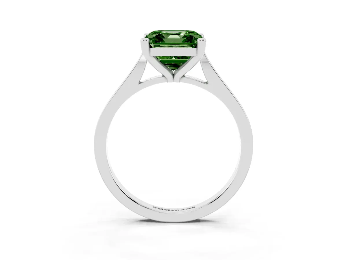 Fancy Green Asscher Cut Solitaire Diamond Ring with Four-Prong Setting and Tapered Band Silver