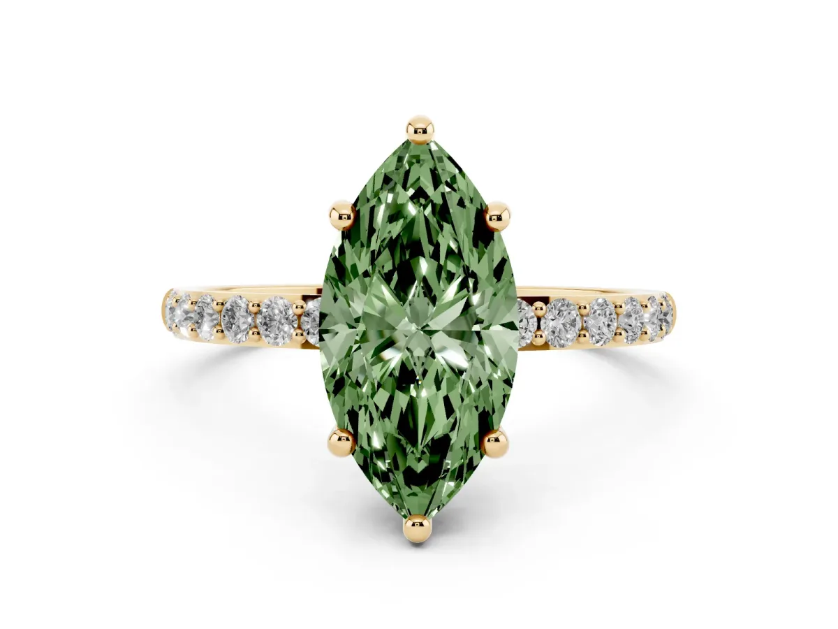 Fancy Green Marquise Cut Diamond Solitaire Ring with Round Pavé Band and Prong Setting Yellow gold