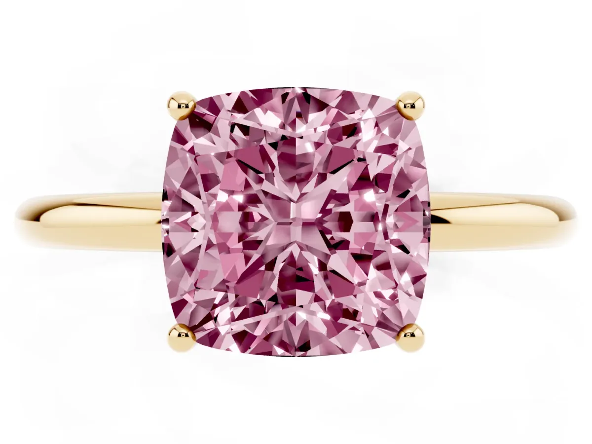 Fancy Pink Cushion Cut Solitaire Diamond Ring with a Classic Band and Four-Prong Setting Yellow gold
