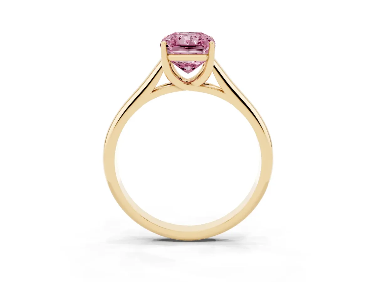 Fancy Pink Radiant Cut Solitaire Engagement Ring with Tapered Band and Four-Prong Setting Yellow gold
