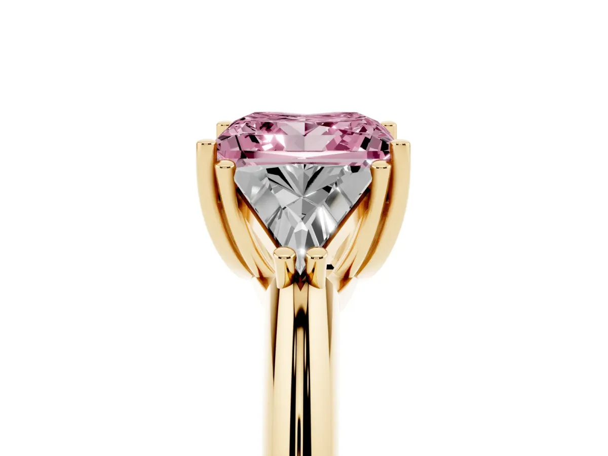 Fancy Pink Three-Stone Princess Cut Diamond Engagement Ring with Trillion Side Stones and Prong Setting Yellow gold