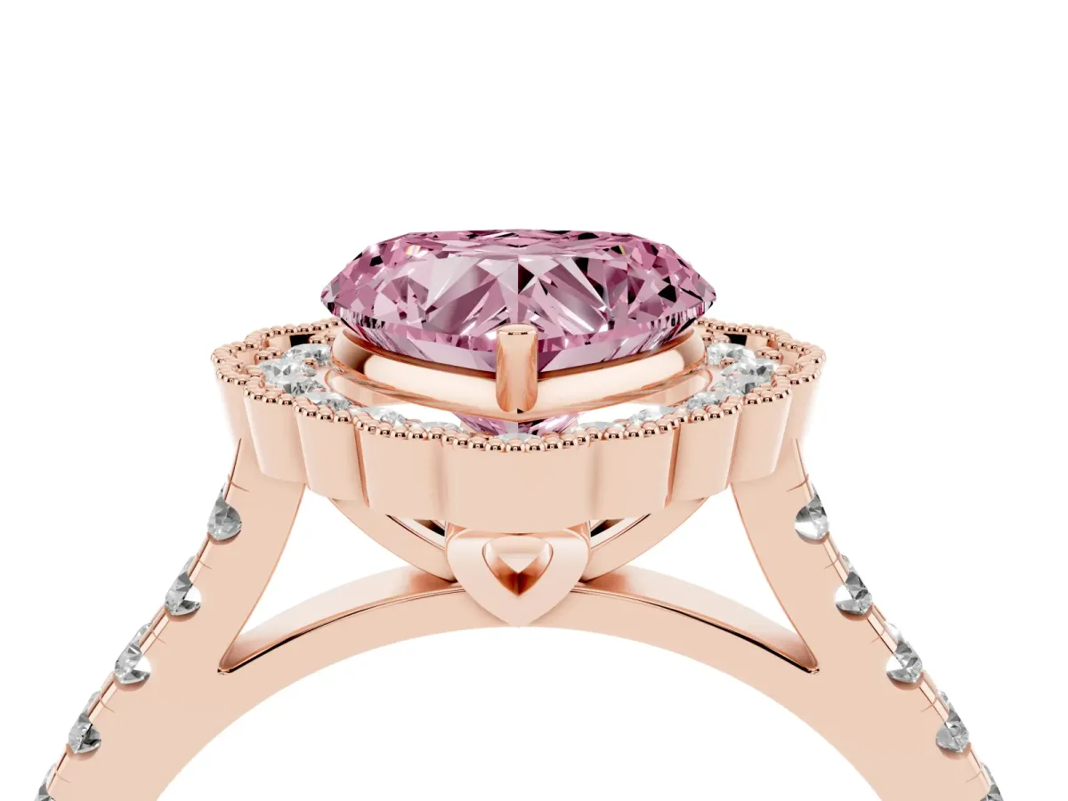 Fancy Pink Heart Cut Cut Diamond Milgrain Floral Halo Engagement Ring with Pavé Band Rose gold