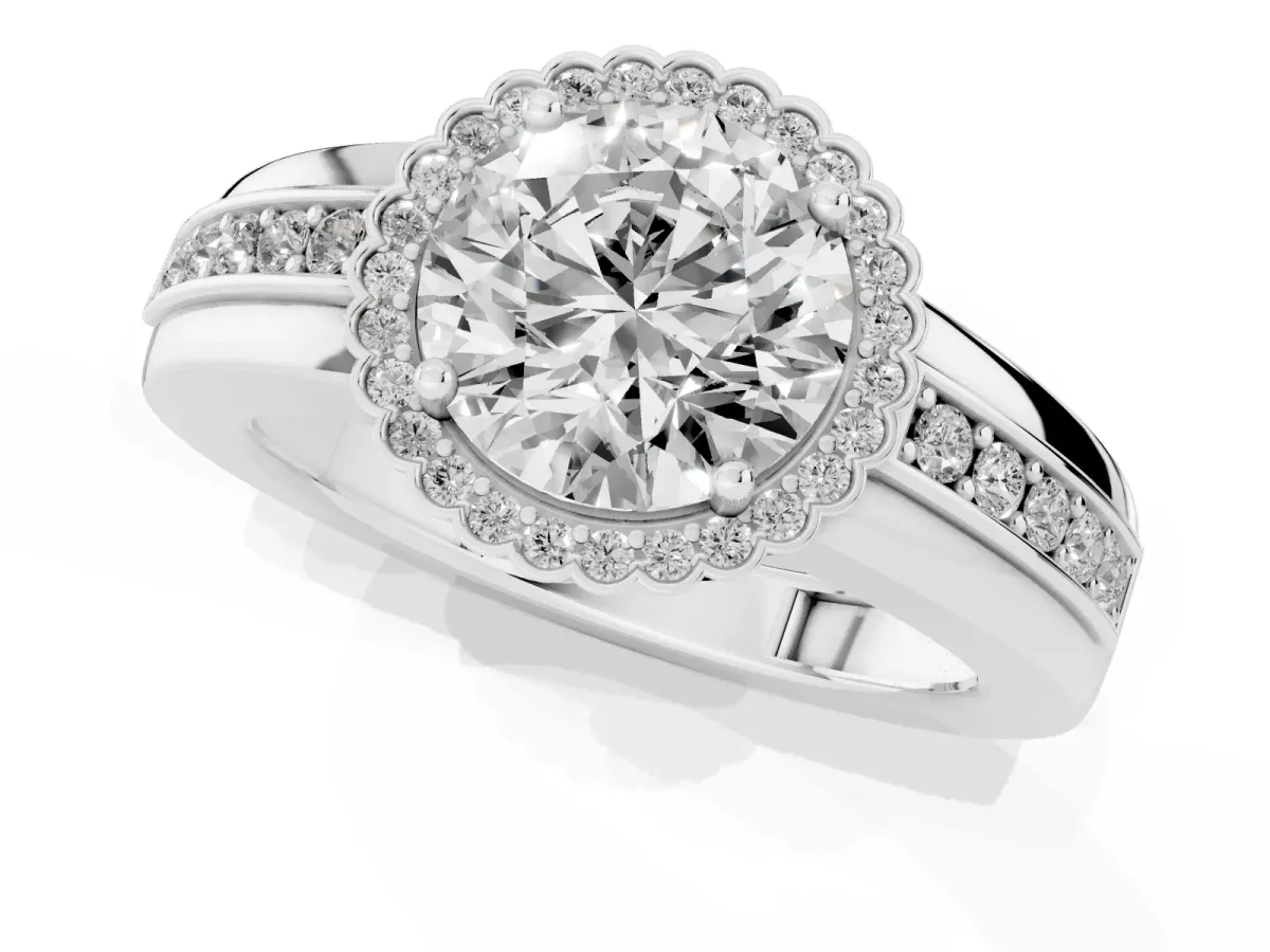 Round Cut Cut Halo Pave Band Four-Prong Ring Silver