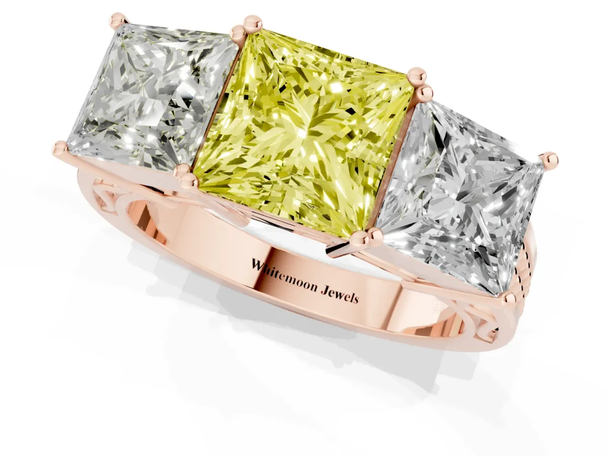 Fancy Yellow Princess Cut Diamond Three-Stone Ring with Prong Setting and Textured Band Rose gold