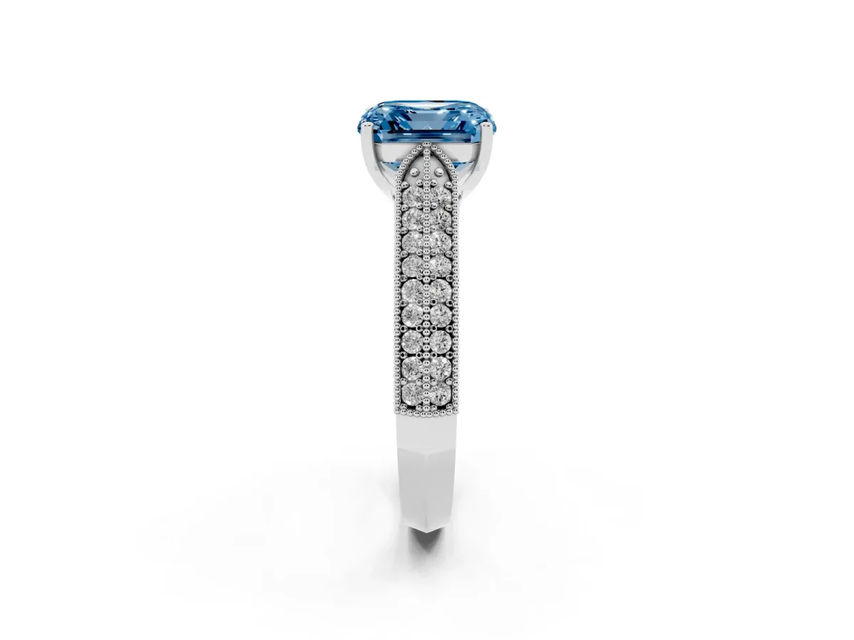 Fancy Blue Asscher Cut Cut Pave Split Shank Engagement Ring with Four-Prong Setting Platinum