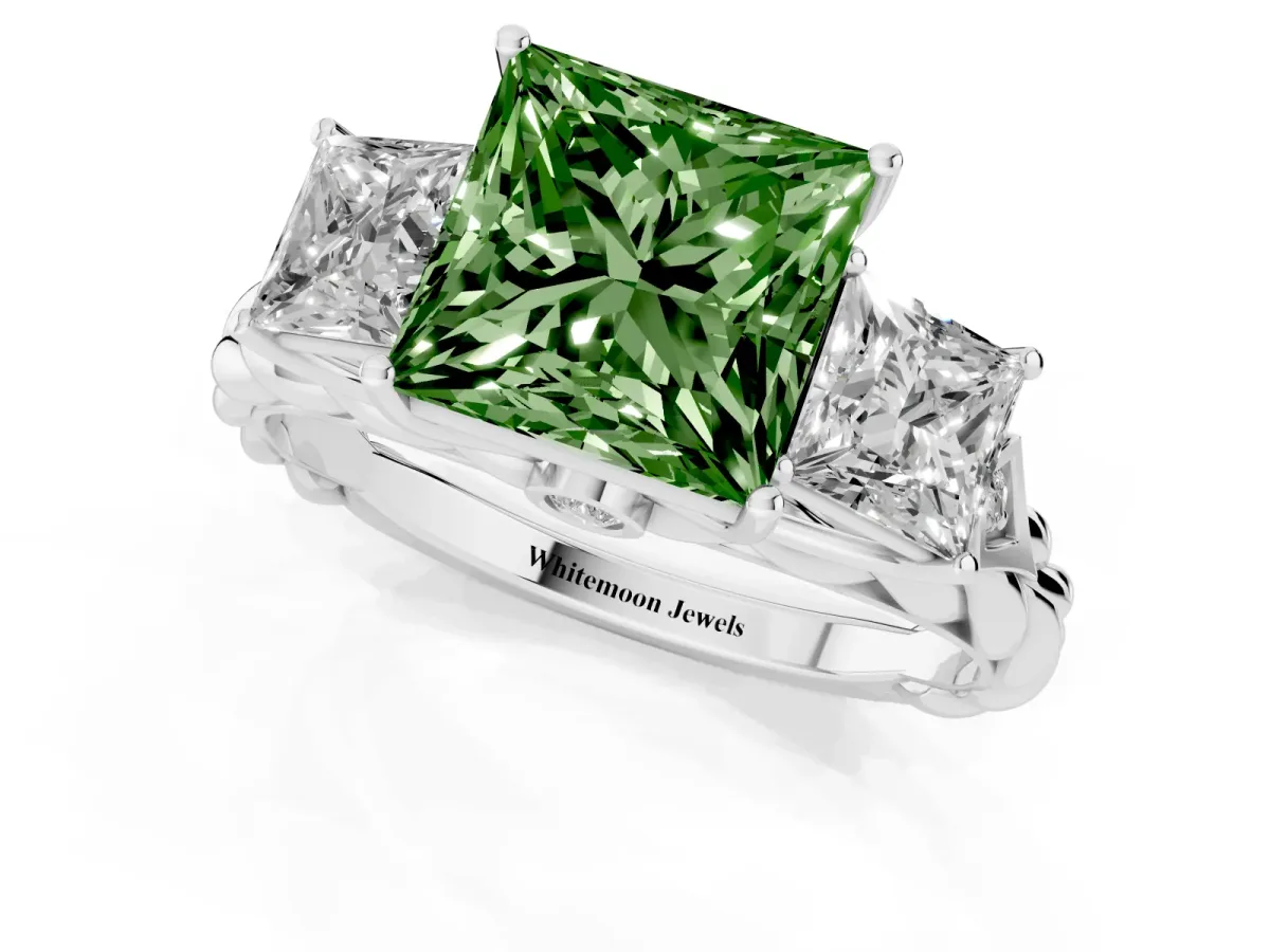Fancy Green Three-Stone Princess Cut Diamond Braided Band Ring with Four-Prong Setting Silver
