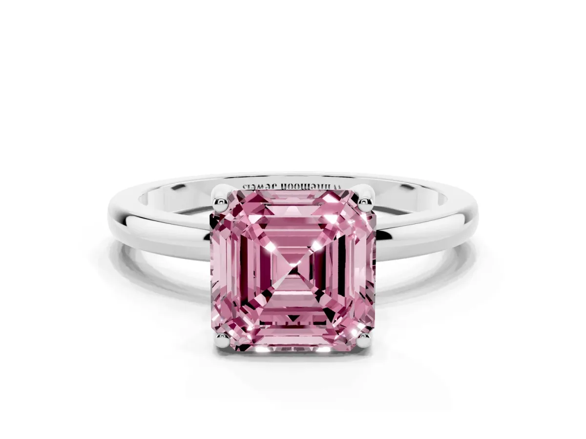 Fancy Pink Asscher Cut Solitaire Diamond Ring with Prong Setting and Plain Band White gold