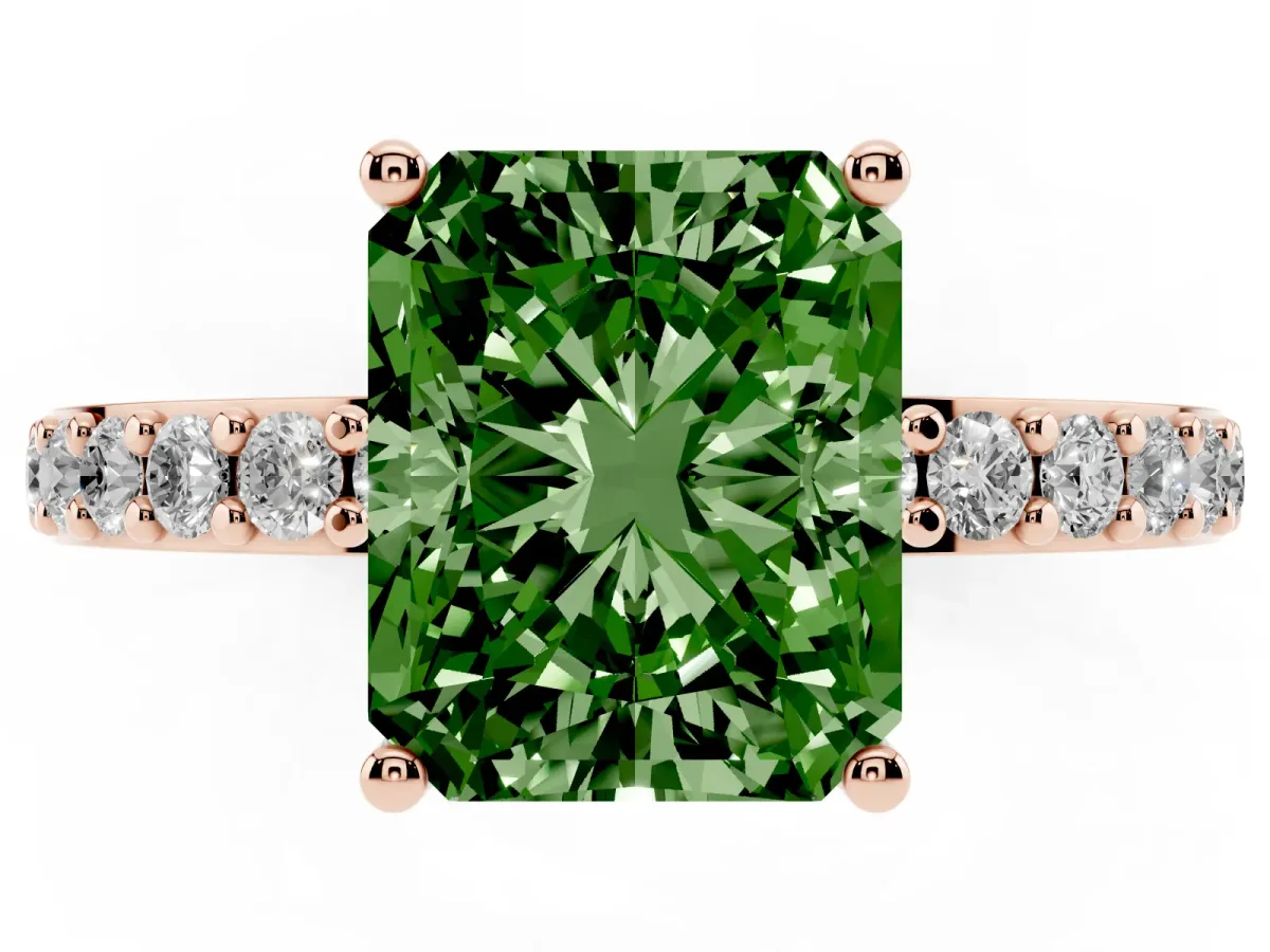 Fancy Green Radiant Cut Cut Diamond Solitaire with Pave Band and Four-Prong Setting Rose gold