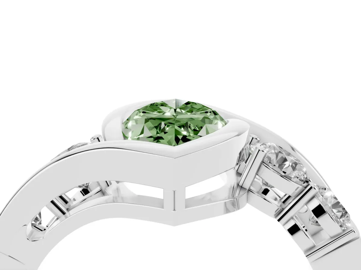 Fancy Green Bezel Set Marquise Cut Diamond Bypass Ring with Round Accents Silver