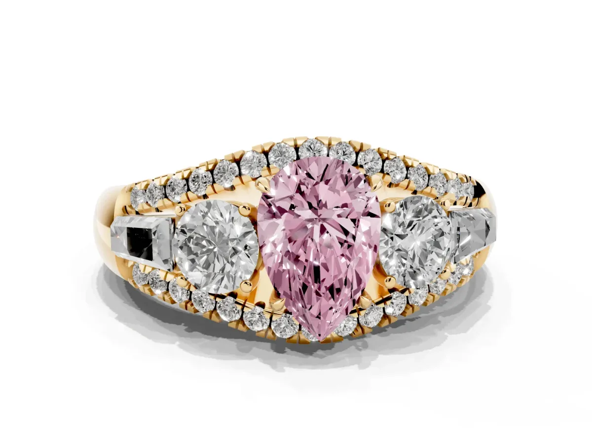 Fancy Pink Three-Stone Pear Cut Diamond Engagement Ring with Pave Band and Prong Setting Yellow gold