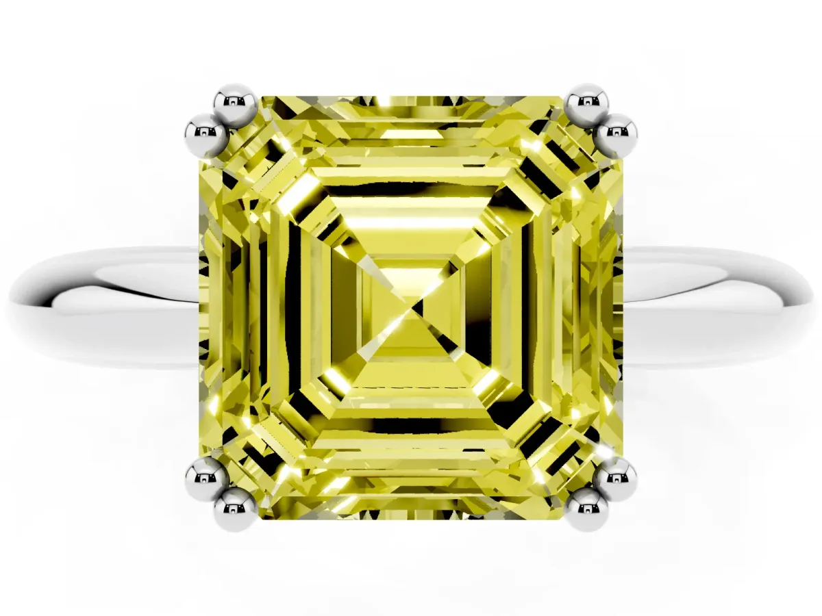 Fancy Yellow Asscher Cut Cut Solitaire Engagement Ring with Tapered Band and Four-Prong Setting Platinum
