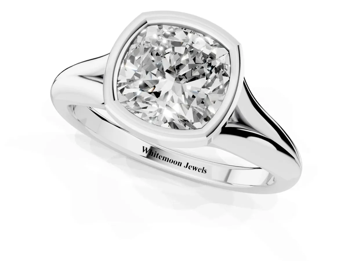 Bezel Set Cushion Cut Solitaire Diamond Ring with Smooth Band Silver