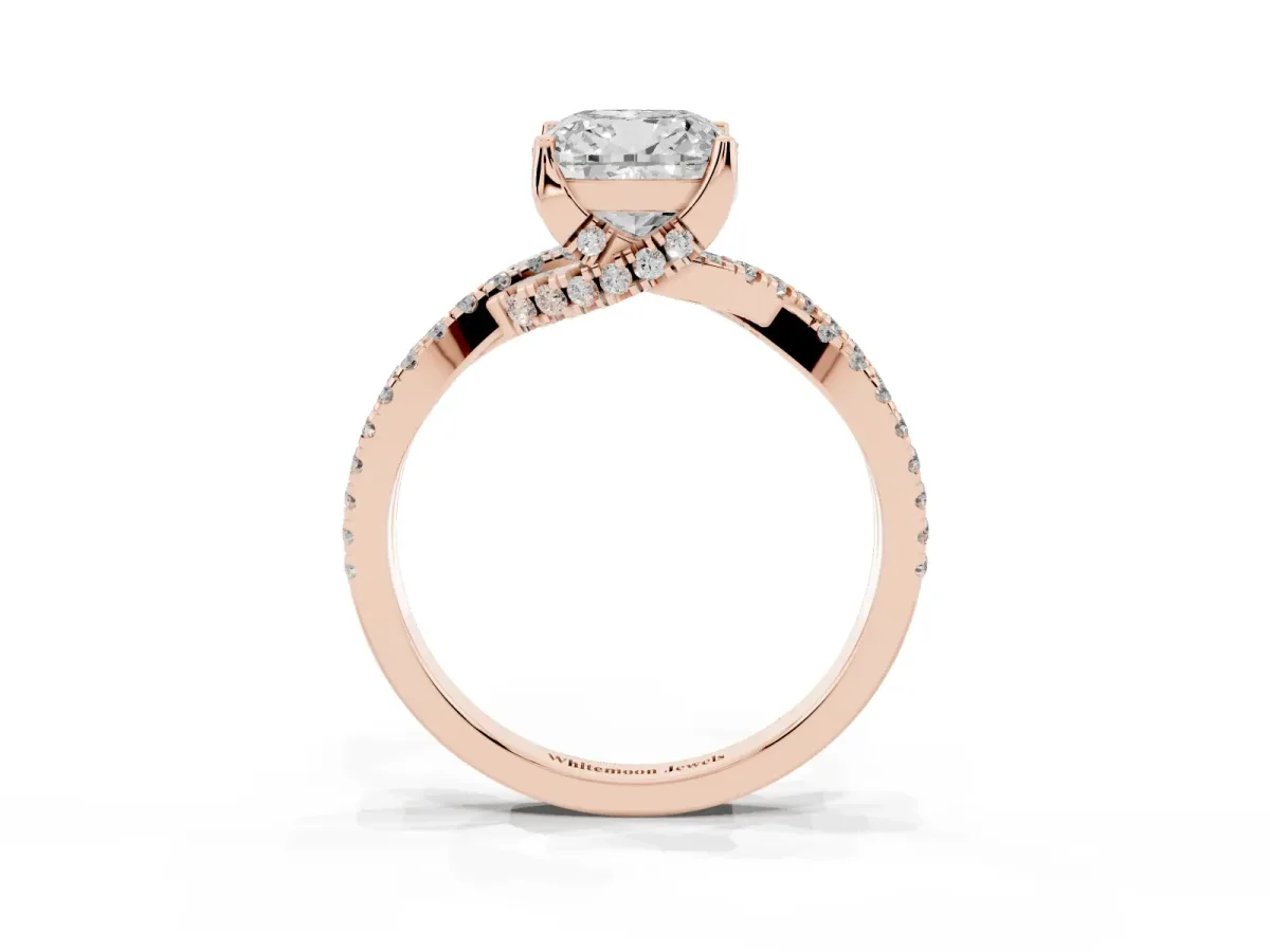 Cushion Cut Solitaire Twist Pave Diamond Engagement Ring with Prong Setting Rose gold