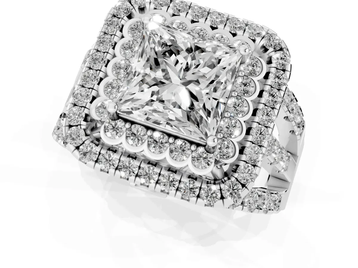 Princess Cut Diamond Double Halo Ring with Round Pavé Split Shank and Prong Setting Silver