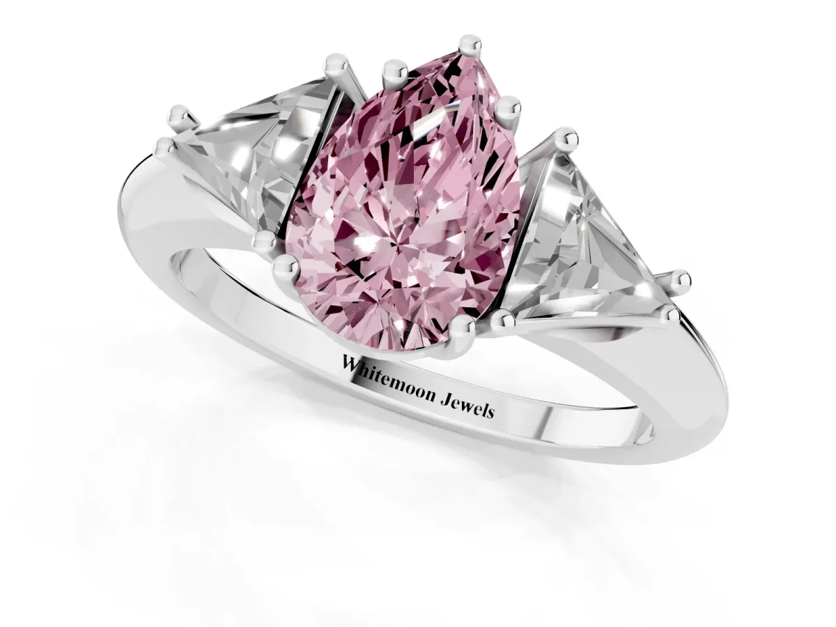 Fancy Pink Three-Stone Pear Cut Diamond Engagement Ring with Trillion Side Stones and Prong Setting Silver