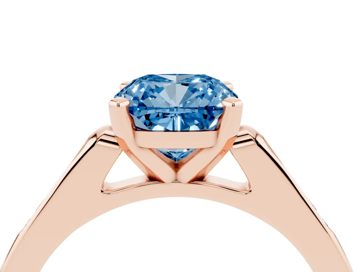 Fancy Blue Cushion Cut Diamond Solitaire Ring with Channel Set Round Band and Prong Setting Rose gold