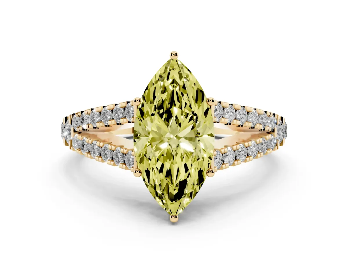 Fancy Yellow Marquise Cut Diamond Split Shank Engagement Ring with Round Pavé and Prong Setting Yellow gold