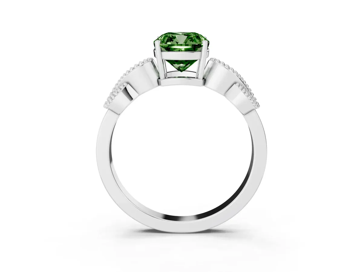 Fancy Green Cushion Cut Solitaire Milgrain Leaf Band with Prong Setting Silver