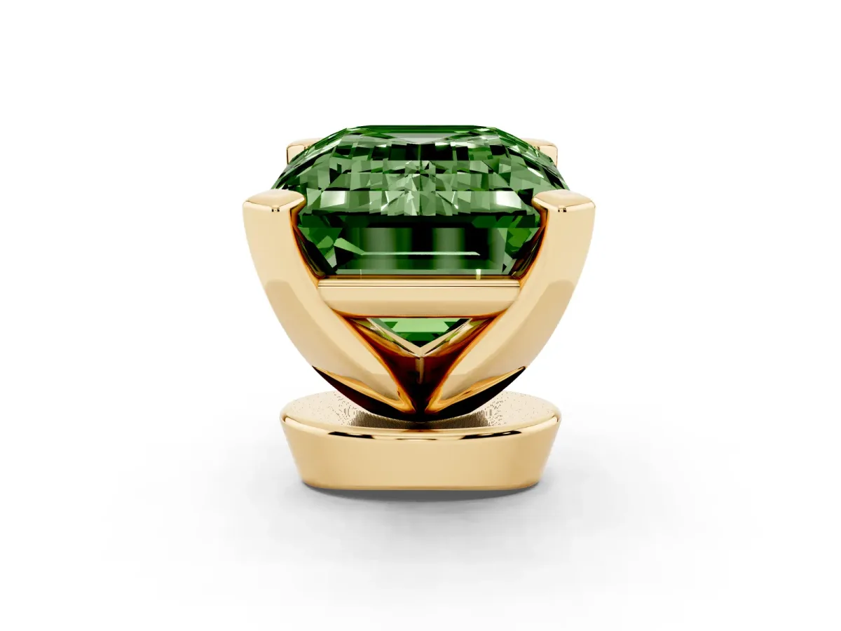 Fancy Green Emerald Cut Diamond Solitaire Ring with Prong Setting and Classic Band Yellow gold