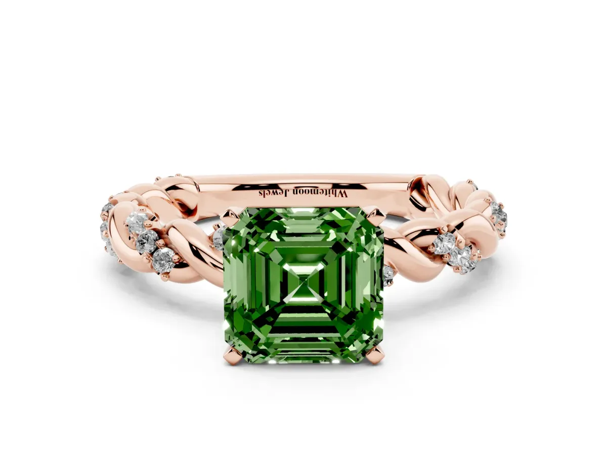 Fancy Green Asscher Cut Diamond Solitaire Ring with Twisted Band and Pavé Accents Rose gold