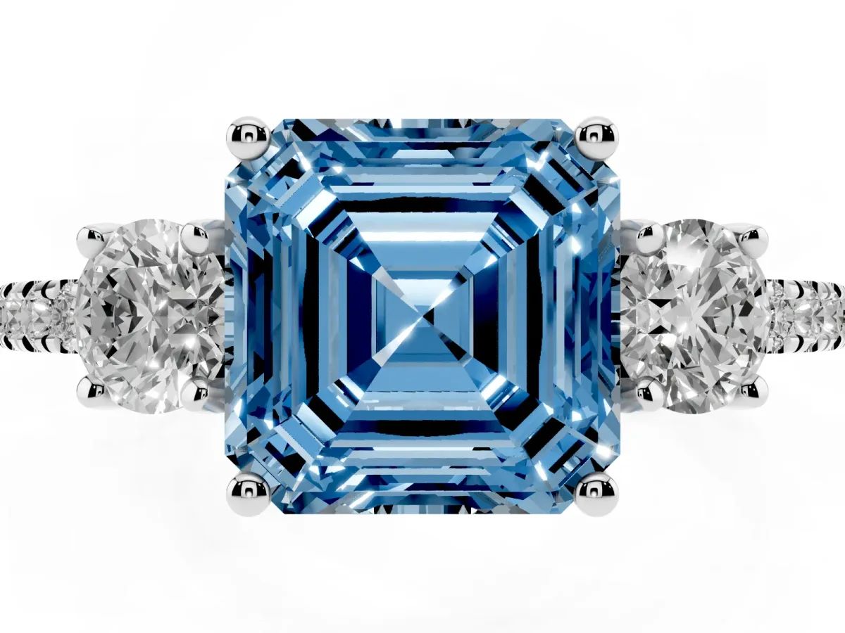 Fancy Blue Three-Stone Asscher Cut Cut Diamond Pavé Band with Prong Setting Silver