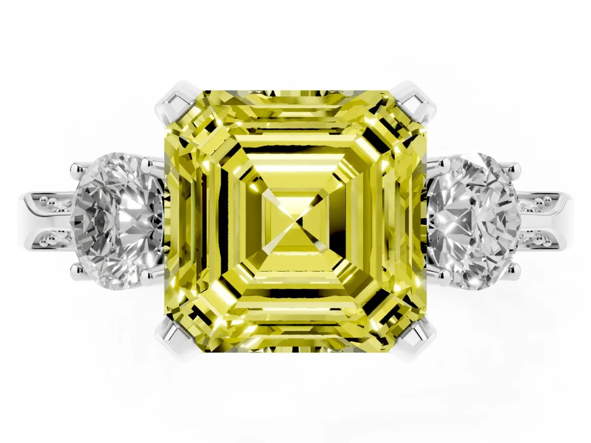 Fancy Yellow Asscher Cut Brilliant Three-Stone Diamond Ring with Pavé Band and Four-Prong Setting White gold