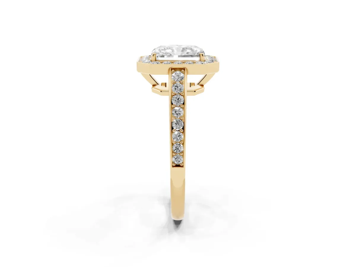 Radiant Cut Halo Pavé Diamond Engagement Ring with Bezel Setting Yellow gold