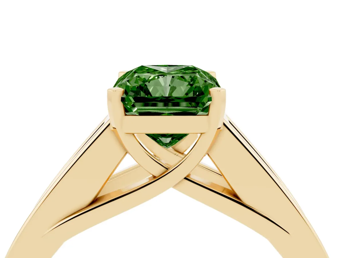 Fancy Green Radiant Cut Cut Channel Set Solitaire Ring with Four-Prong Setting Yellow gold