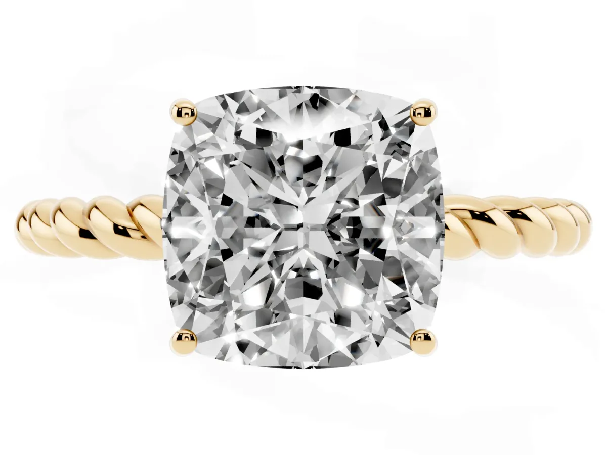 Cushion Cut Solitaire Twist Band Ring with Four-Prong Setting Yellow gold