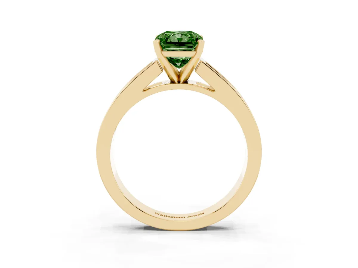 Fancy Green Radiant Cut Solitaire Diamond Ring with Channel-Set Band and Four-Prong Setting Yellow gold