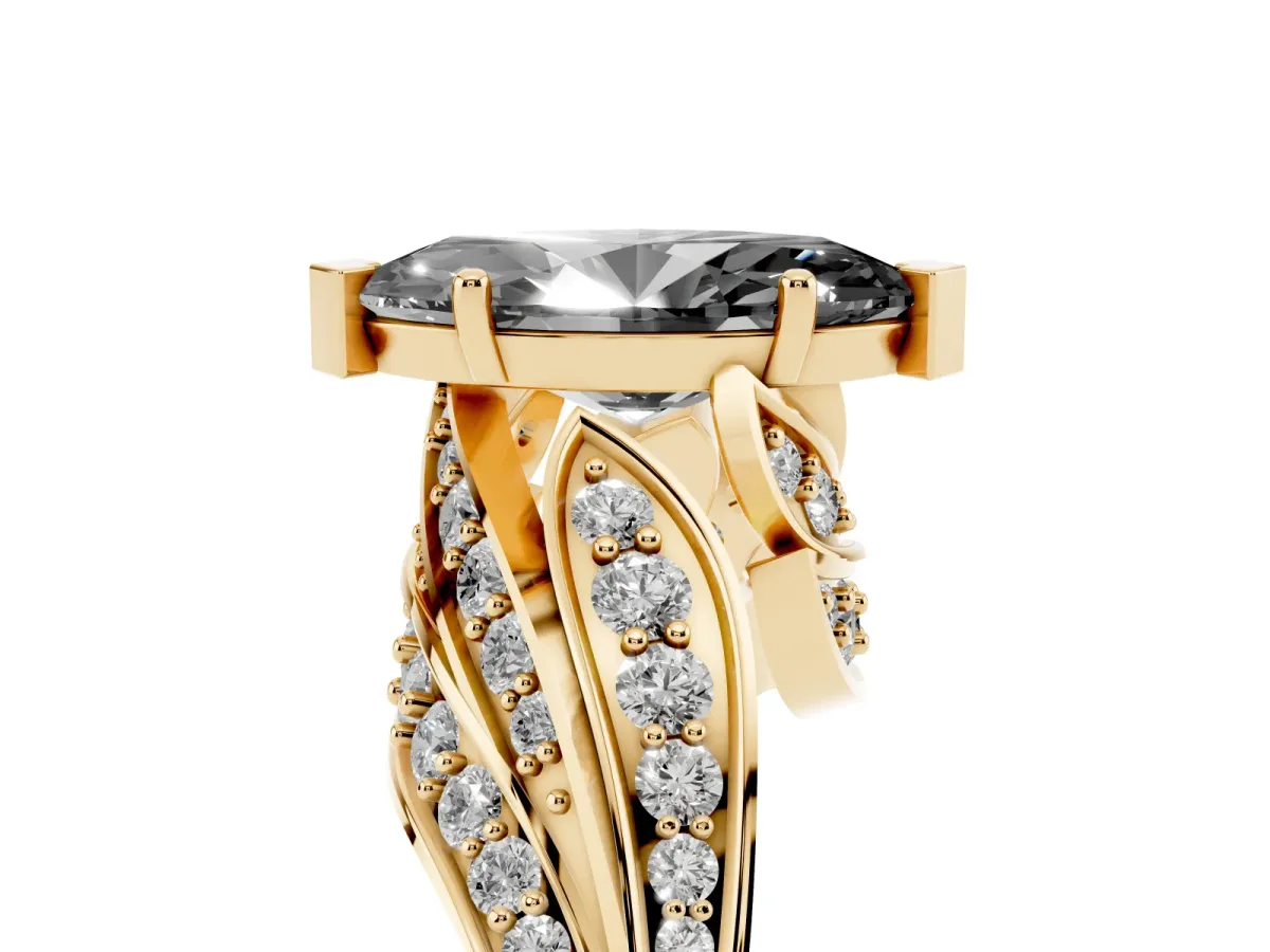 Fancy Black Marquise Cut Diamond Solitaire Ring with Prong Setting and Twisted Pavé Band Yellow gold