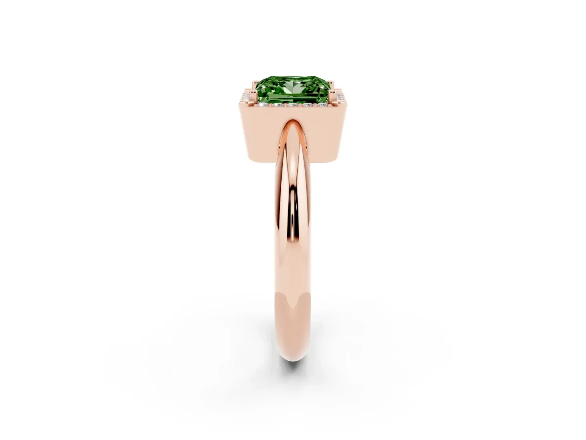 Fancy Green Princess Cut Cut Diamond Halo Engagement Ring with Split Shank and Four-Prong Setting Rose gold