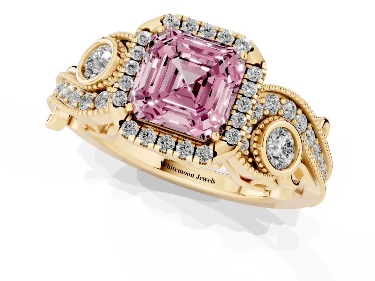 Fancy Pink Asscher Cut Halo Diamond Ring with Milgrain and Bezel Accents on a Split Shank Band Yellow gold