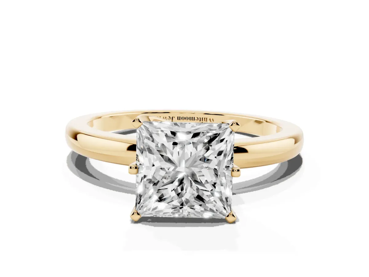 Princess Cut Solitaire Diamond Ring with Six-Prong Setting on a Classic Band Yellow gold