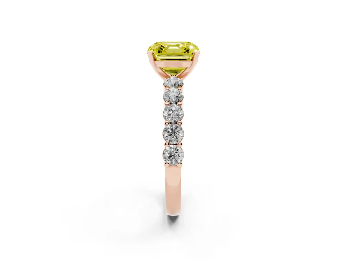 Fancy Yellow Asscher Cut Diamond Solitaire Ring with Shared Prong Round Side Stones Rose gold