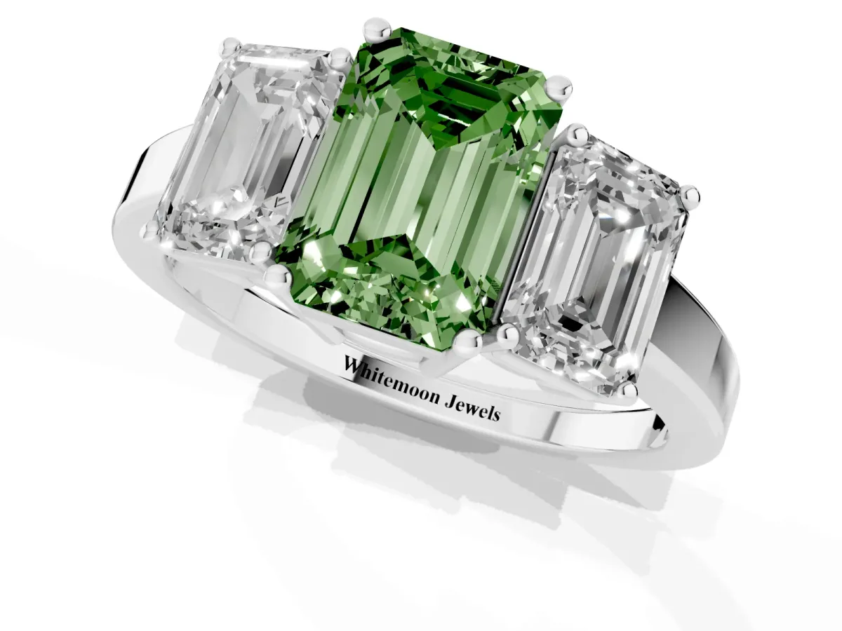 Fancy Green Three-Stone Emerald Cut Cut Diamond Engagement Ring with Flat Band and Four-Prong Setting Silver