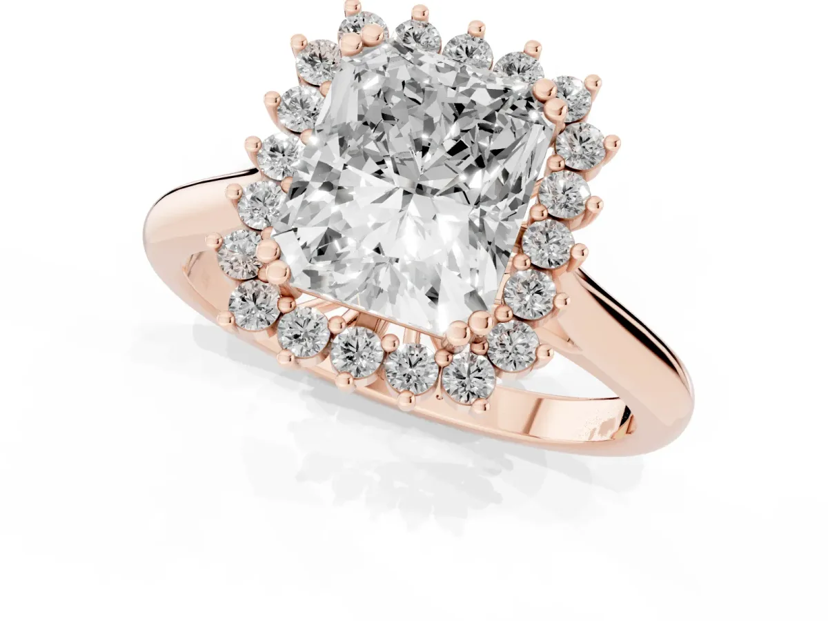 Radiant Cut Cut Diamond Halo Ring with Solitaire Band and Prong Setting Rose gold