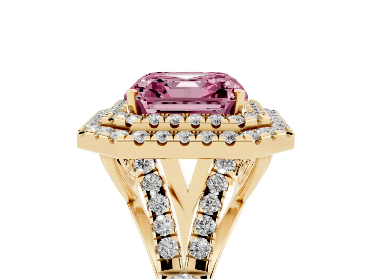 Fancy Pink Asscher Cut Diamond Pavé Split Shank Double Halo Engagement Ring Yellow gold