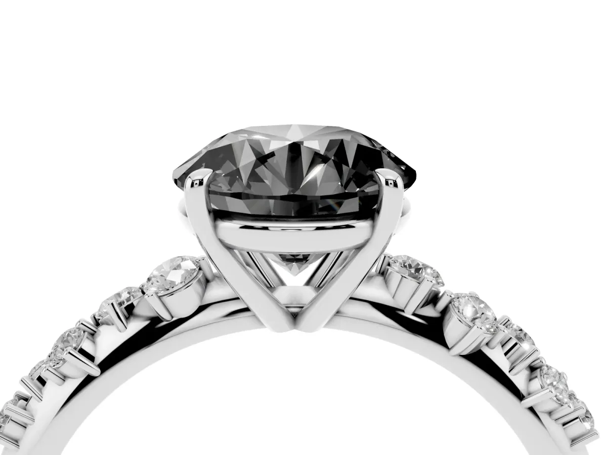 Fancy Black Round Cut Diamond Cluster Side Stone Solitaire Ring with Prong Setting Platinum