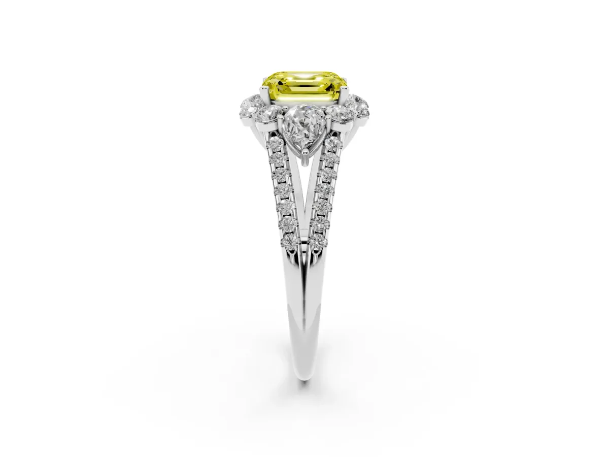 Fancy Yellow Asscher Cut Halo Split Shank Diamond Engagement Ring with Prong Setting Platinum