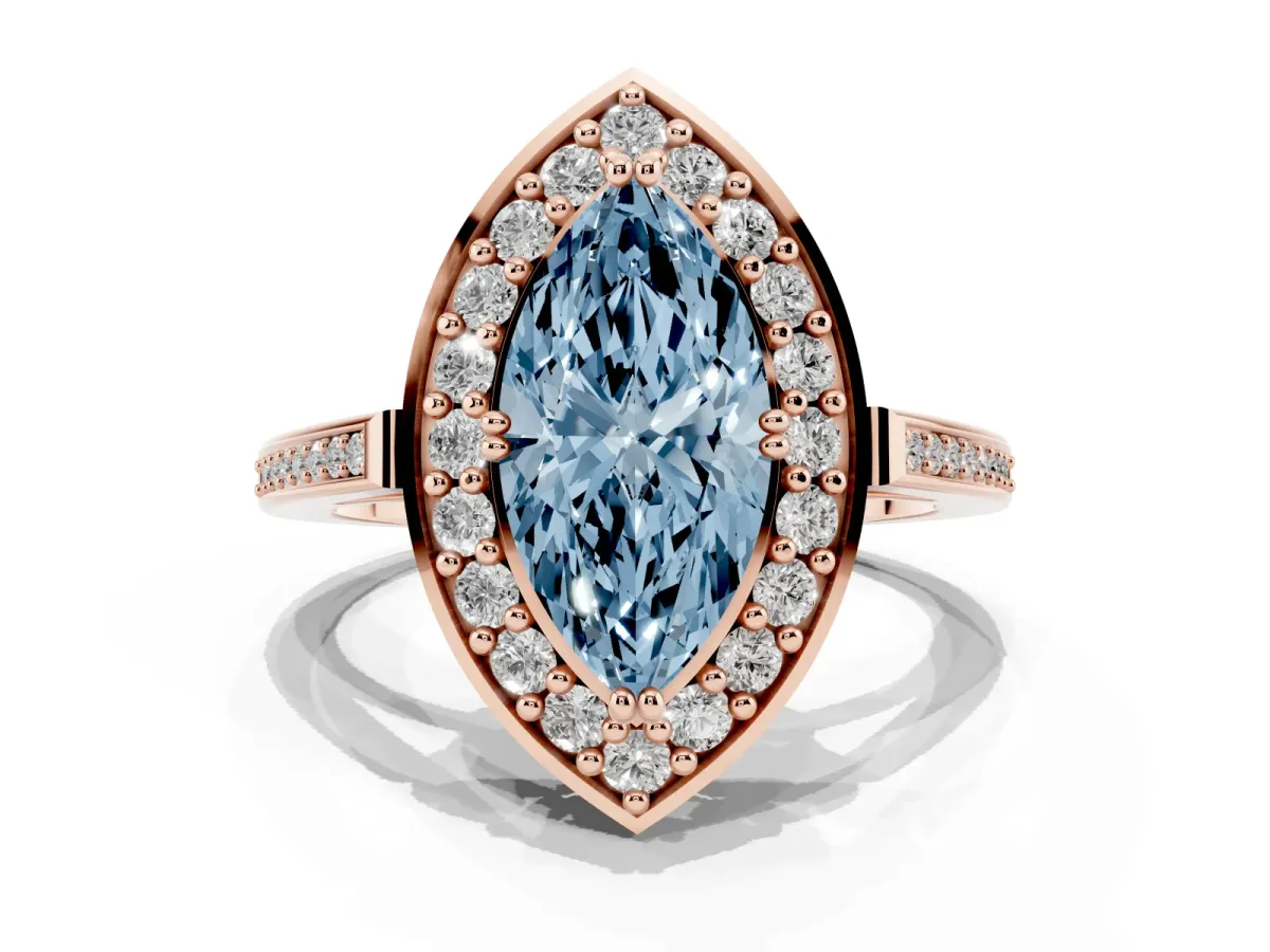 Fancy Blue Marquise Cut Diamond Halo Ring with Split Shank and Four-Prong Setting Rose gold