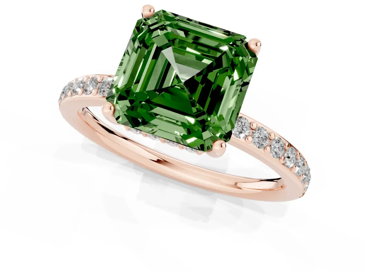Fancy Green Asscher Cut Cut Diamond Pavé Band Ring with Four-Prong Setting Rose gold