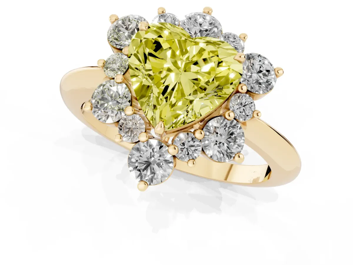Fancy Yellow Heart Cut Diamond Cluster Halo Ring with Solitaire Band and Four-Prong Setting Yellow gold